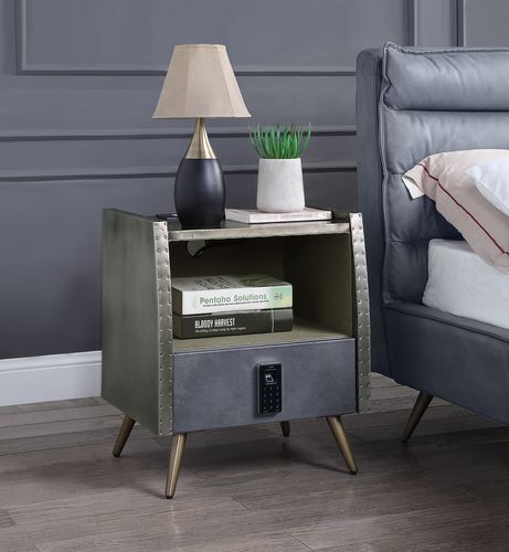 Doris - Nightstand - Gray Top Grain Leather & Aluminum